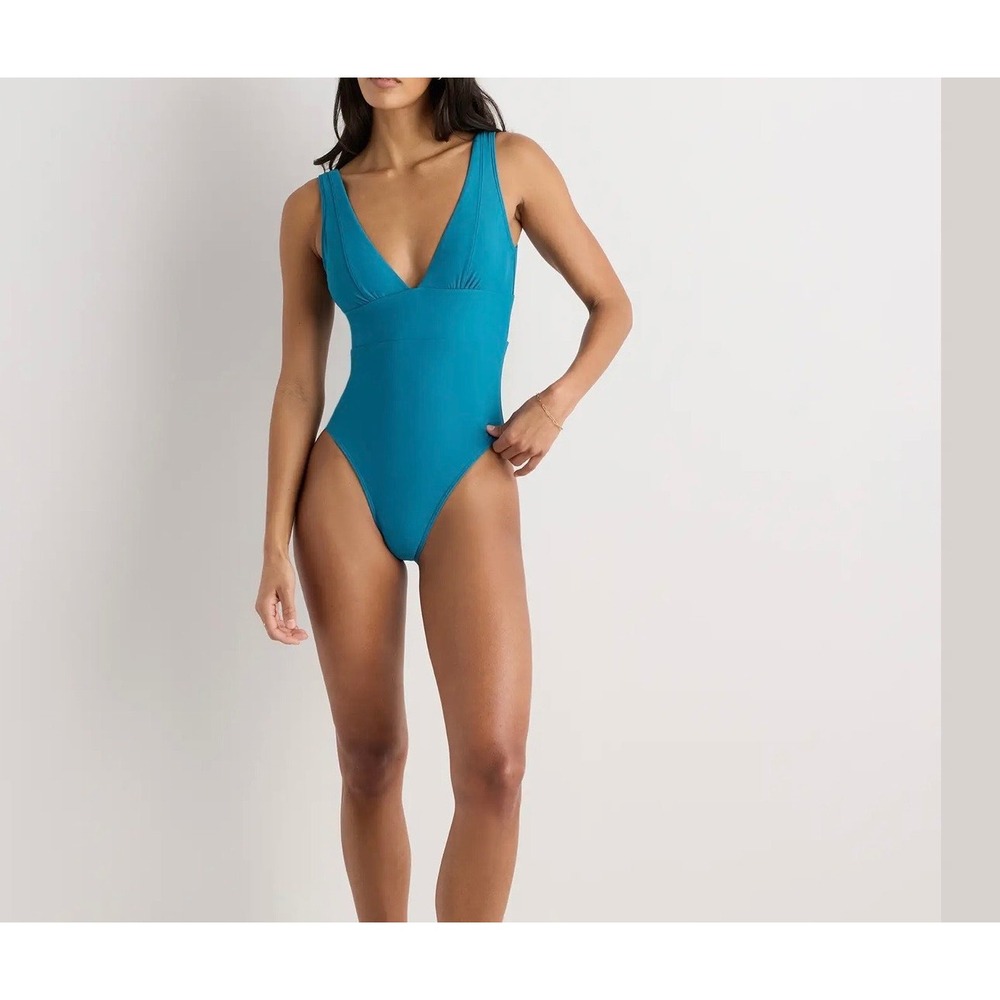 NWT Quince Womens Italian Plunge One Piece Swimsuit Medium Sustainable Teal